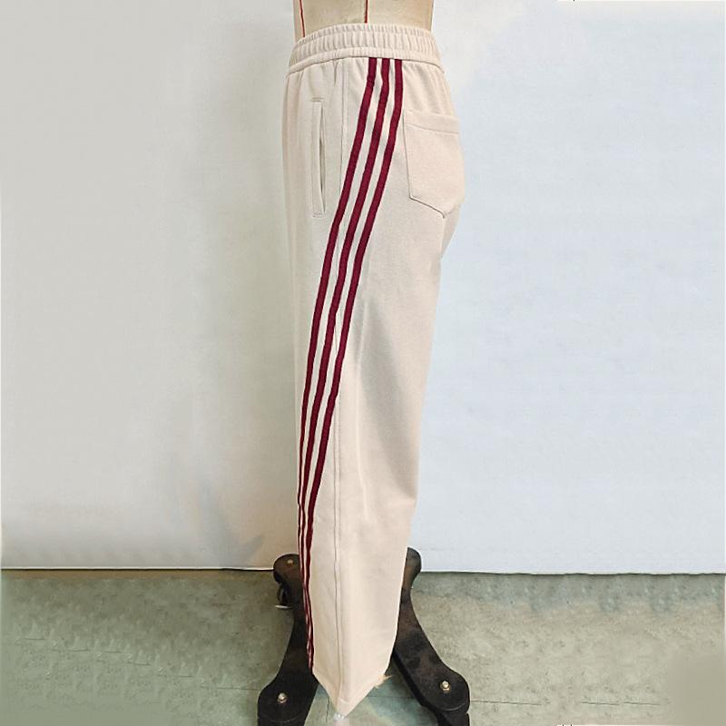 Women's Pant Solid Colour Stripe Patchwork Straight Tie High Waisted Trousers