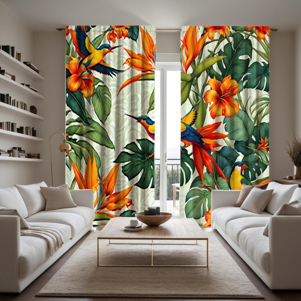 2 Stück HD Paradiesvogel Calla Lilie Vorhang Grün gelb digital bedruckter Vorhang Heimdekorationsstil Dekoration Wohnzimmer