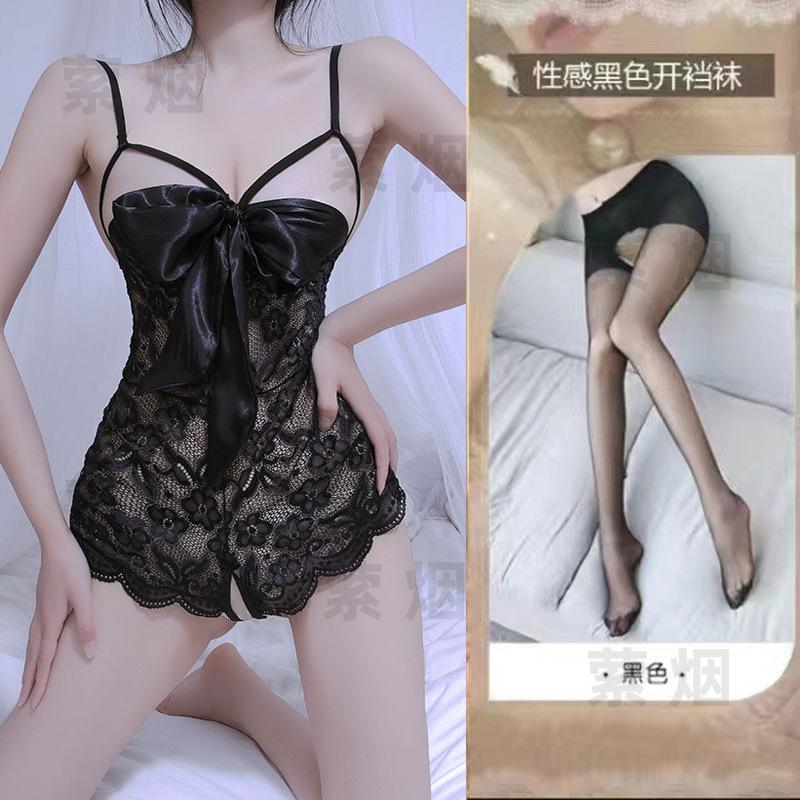 Sex underwear lace temptation transparent hollow sexy onesie bow qqny open uniform set