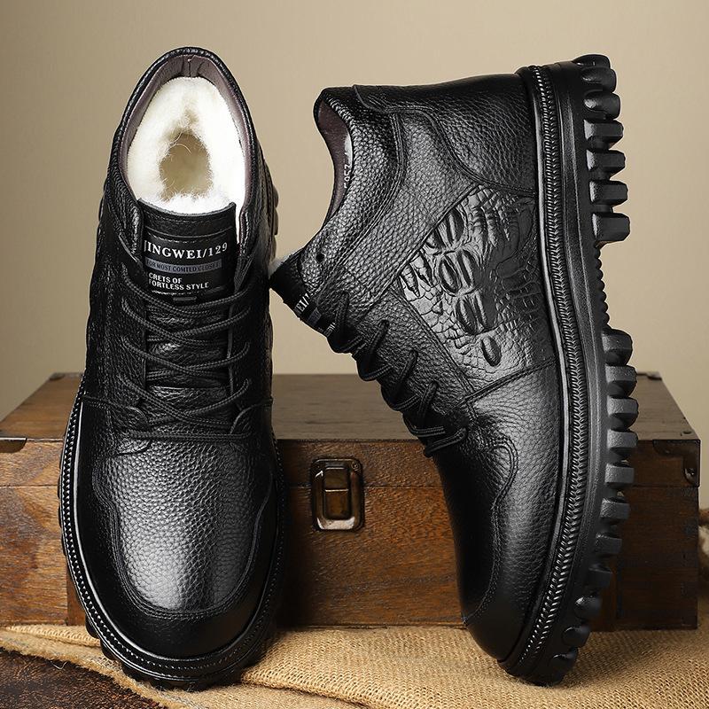 Rindsleder erste Schicht Winter Baumwollschuhe Herren lässige Wärme reine Wolle Herrenstiefel weiche Sohle verdickt Schnürung Krokodilmuster Vaterschuhe