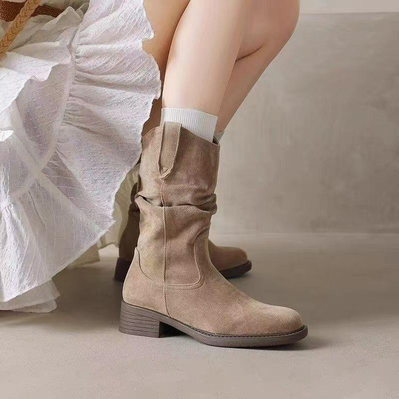Pile Boots Women's 2025 New Autumn and Winter with Skirt Thick Heel Medium Tube Low Heel Maillard Western Cowboy Fashion Boots