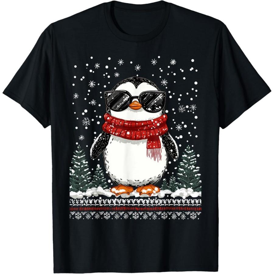 Funny Christmas Penguin With Sunglasses Ugly Christmas T-Shirt(1) S