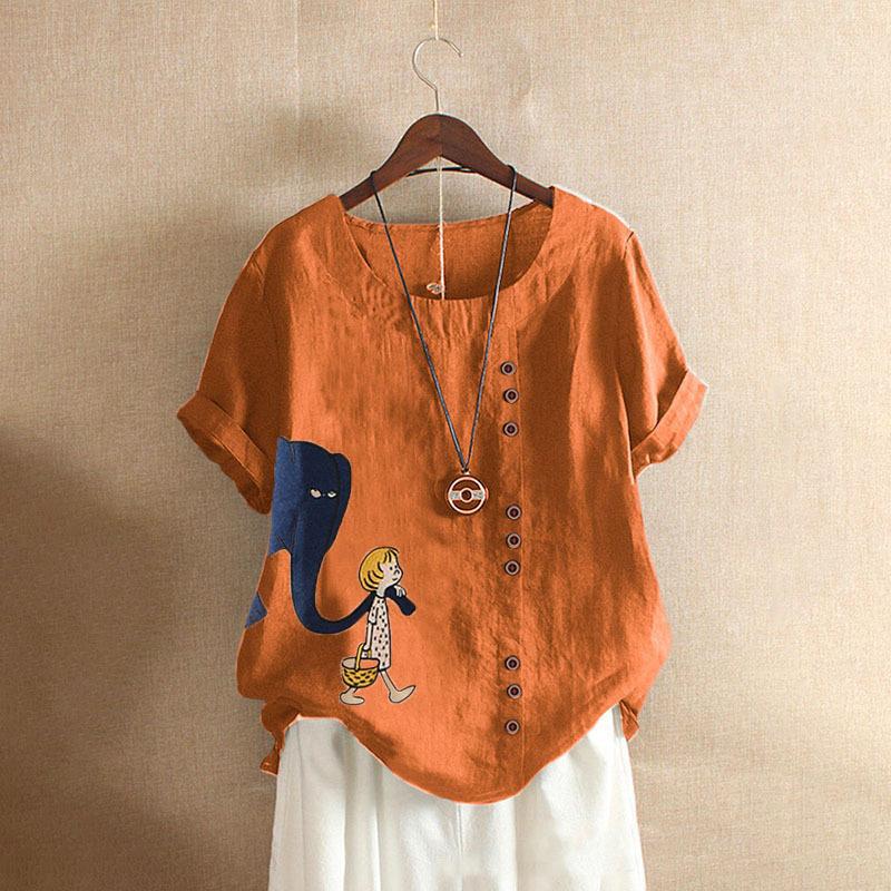 GMXIA Summer Vintage Plus-size Casual Loose Cotton and Linen Short Sleeve Pullover T-shirt Cotton and Linen Women Plus-size Women's Wear