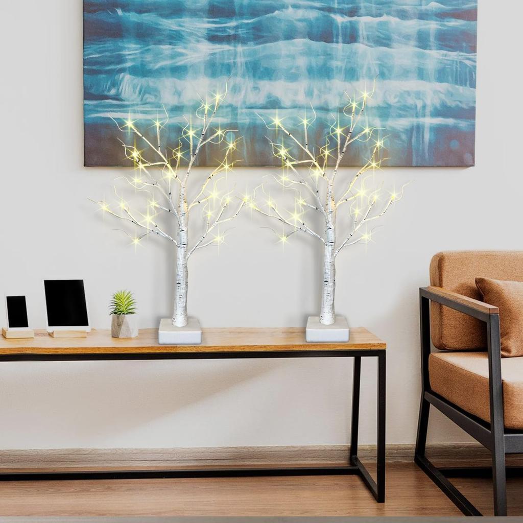 2-Pack Lighted Christmas Halloween Fall Tree Decorations Indoor, 2ft Birch Tree with LED Lights, Small Tabletop Christmas Tree with Lights, Warm