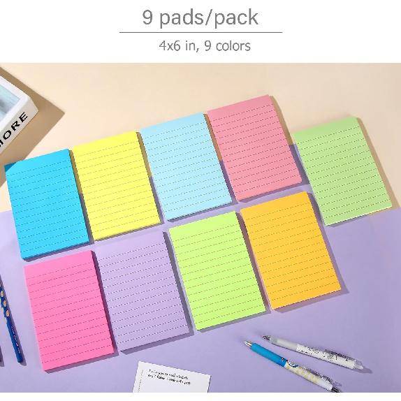 9 Pack Lined Sticky Notes 4"x6" Bright Colors Self-Stick Note Pads with Lines, 9 Colors Bulk Sticky Memo Pad for School, Office, Meeting