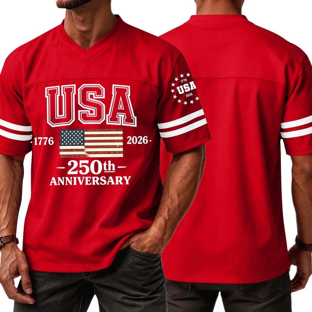 Men's V Neck Short Sleeve Sports T Shirt with USA 250th Anniversary 1776 2026 Print Casual Fashion Jersey Style Top
