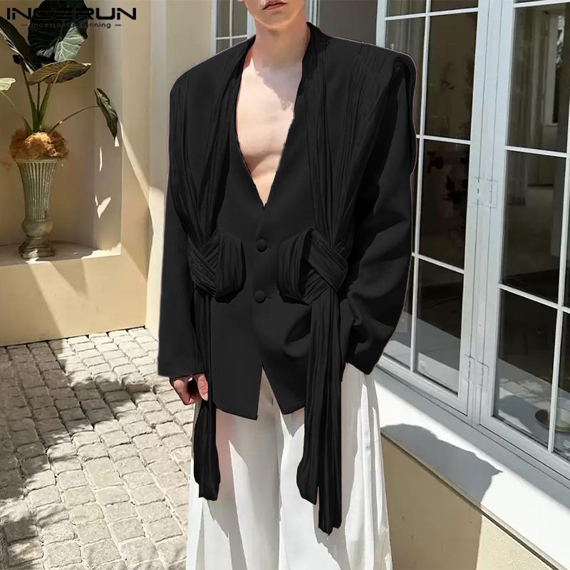INCERUN Men V Neck Long Sleeve Glitter Ruffled Patchwork Thin Loose Party Blazer Coats