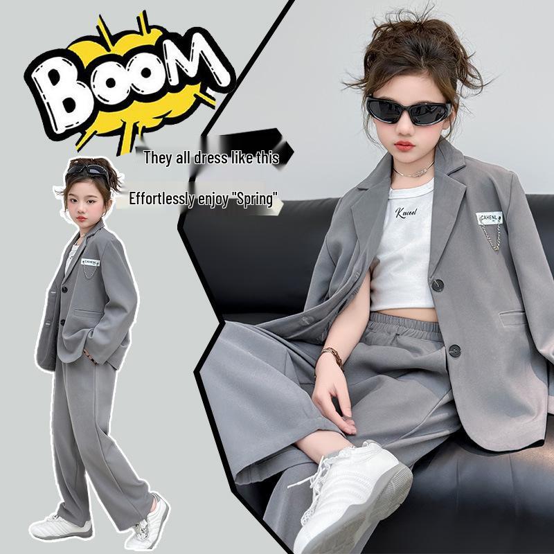 Girls' 2025 Spring Suit Set: Loose Fit Jacket & Long Pants