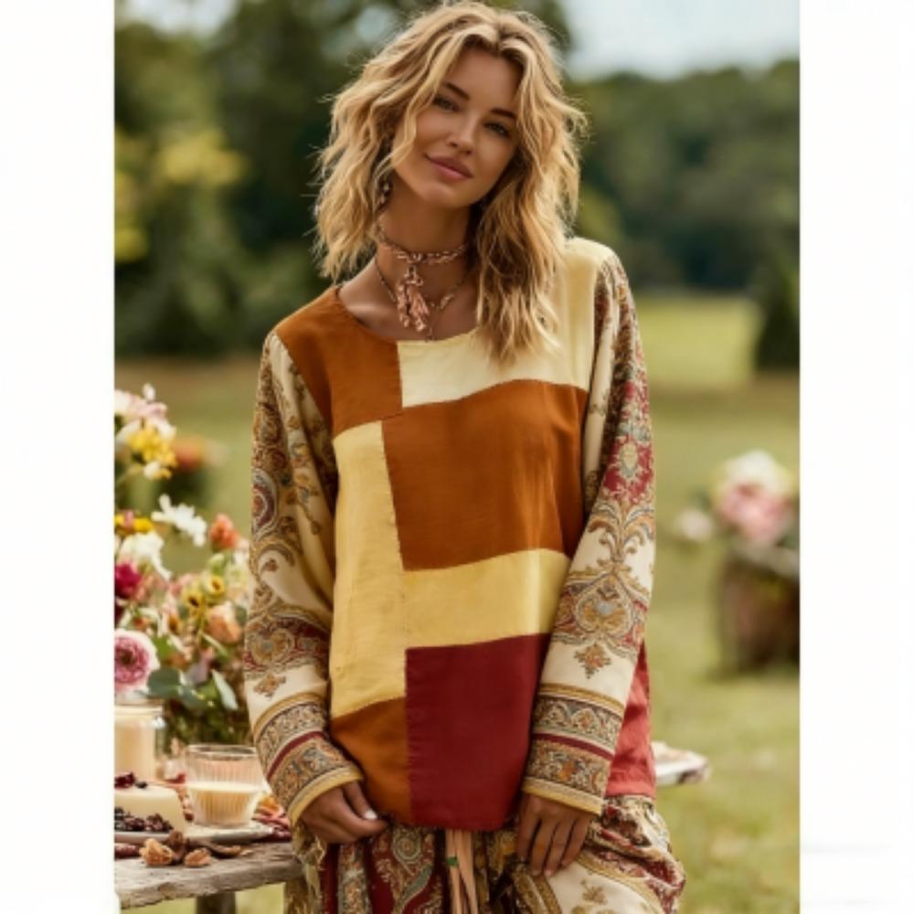 Spring Europe America Splicing Colors Flower Print Women's T-shirt Pullover Fashion Women Long Sleeve Clothing Outdoor Casual Tees Top