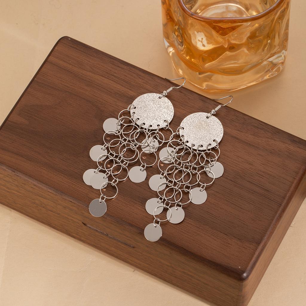 Wind Frosted Sequin Round Hollow Tassel Long Style Light Luxury Earrings