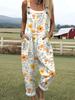 Yellow and Orange Floral Print Overalls, Loose and Age-reducing Straight Jumpsuit