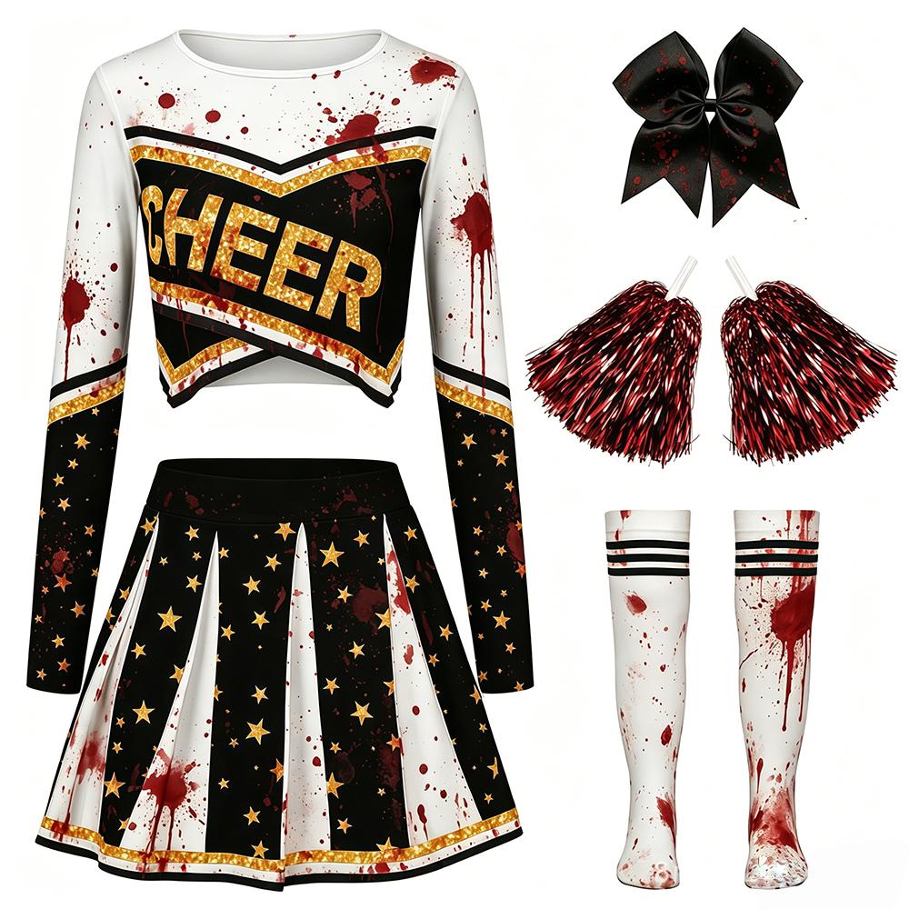 Zombie Cheerleading Uniform Women's Long-sleeve Cheerleader Performance Top Short Skirt Pom-pom Halloween School Student Costume
