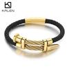 Trendy Leather & Stainless Steel Bracelet for Men Hip Hop Gold Color Cable Wristband Jewelry for Daily Wear & Party Accessory