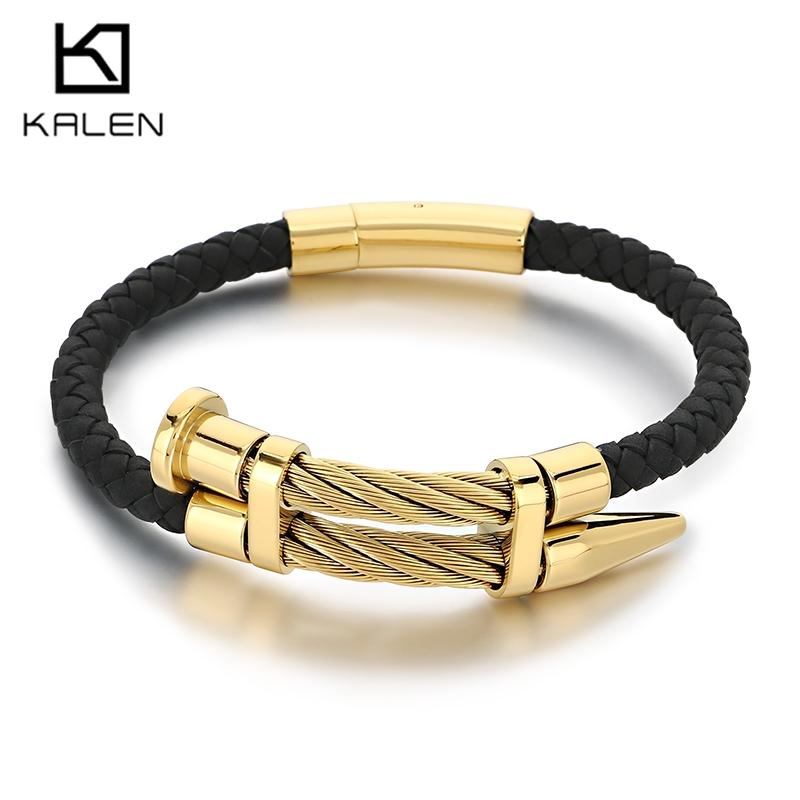 Trendy Leather & Stainless Steel Bracelet for Men Hip Hop Gold Color Cable Wristband Jewelry for Daily Wear & Party Accessory
