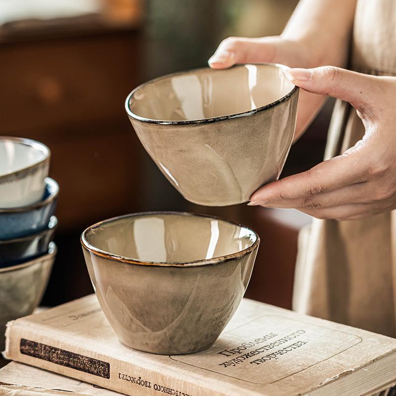 Retro Rice Bowl Household Eating Small Bowl Ceramic Bowl Japanese Kiln Glazed Tableware Rice Bowl Round Salad Bowl