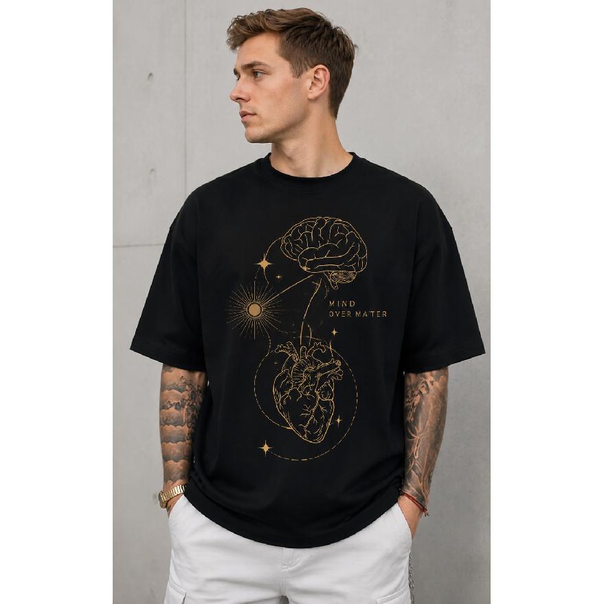 Men s Black Graphic Tee with Gold Brain & Heart Art, Mind Over Matter Quote, Crew Neck Short Sleeve Relaxed Fit Soft Cotton Casual Streetwear S чёрный