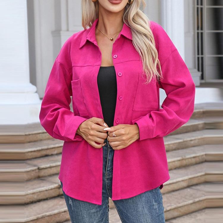 Women Long Sleeve Casual Shirt Mid Length Solid Color Tops S ярко-розовый