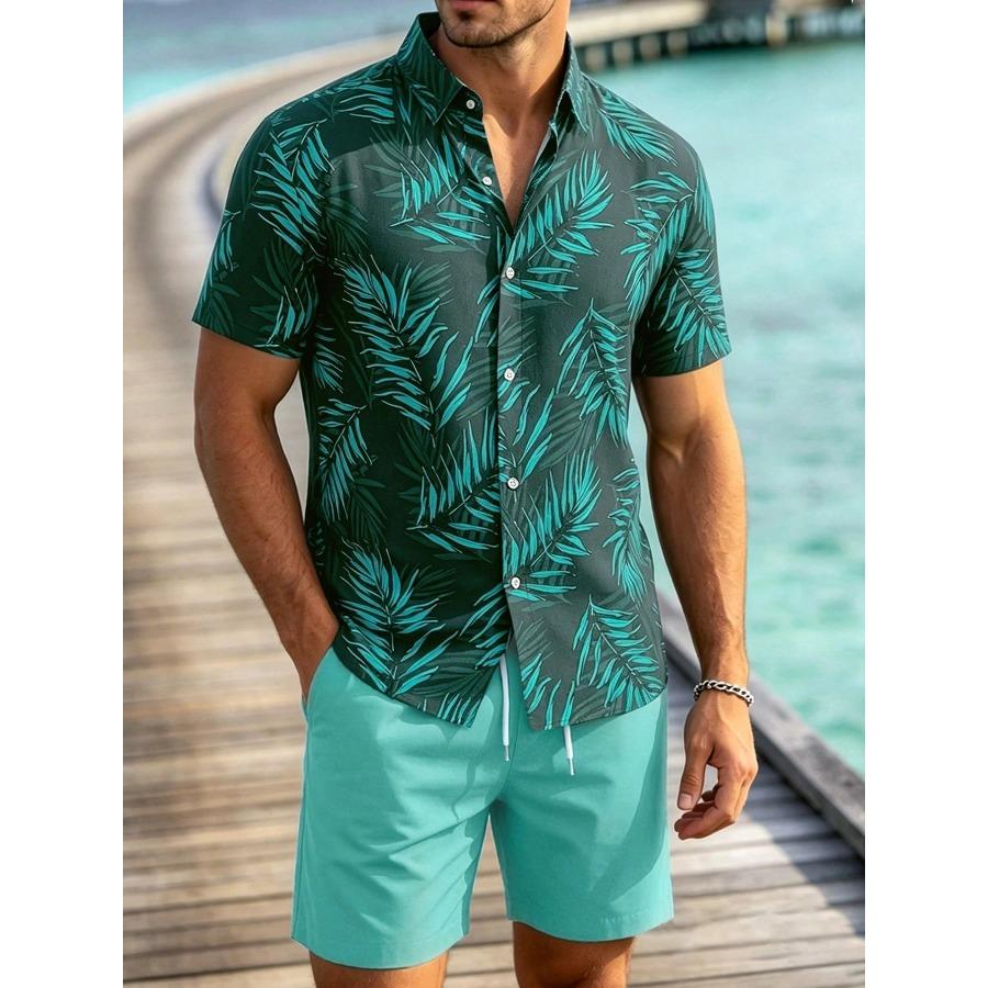 Men's Summer Tropical Flower Hawaiian Shirt, Palm Leaf Print Short-Sleeve Shirt and Shorts Set