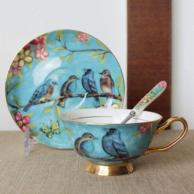 Euro Style Ceramic Cup Saucer and Spoon Set Bone China Tea Cups Small Floral White Pink Blue Patterns Home Kitchen Utensil