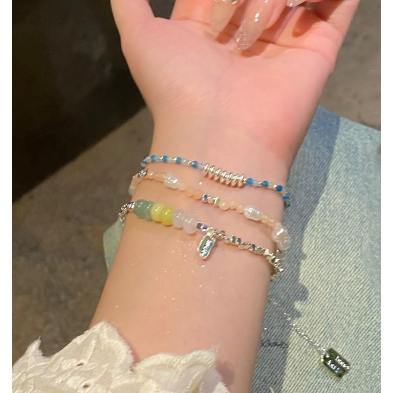 Womens Delicate Alloy Bracelet With Crystal Beads Pearl Charms Layered Stackable Jewelry Sweet Style