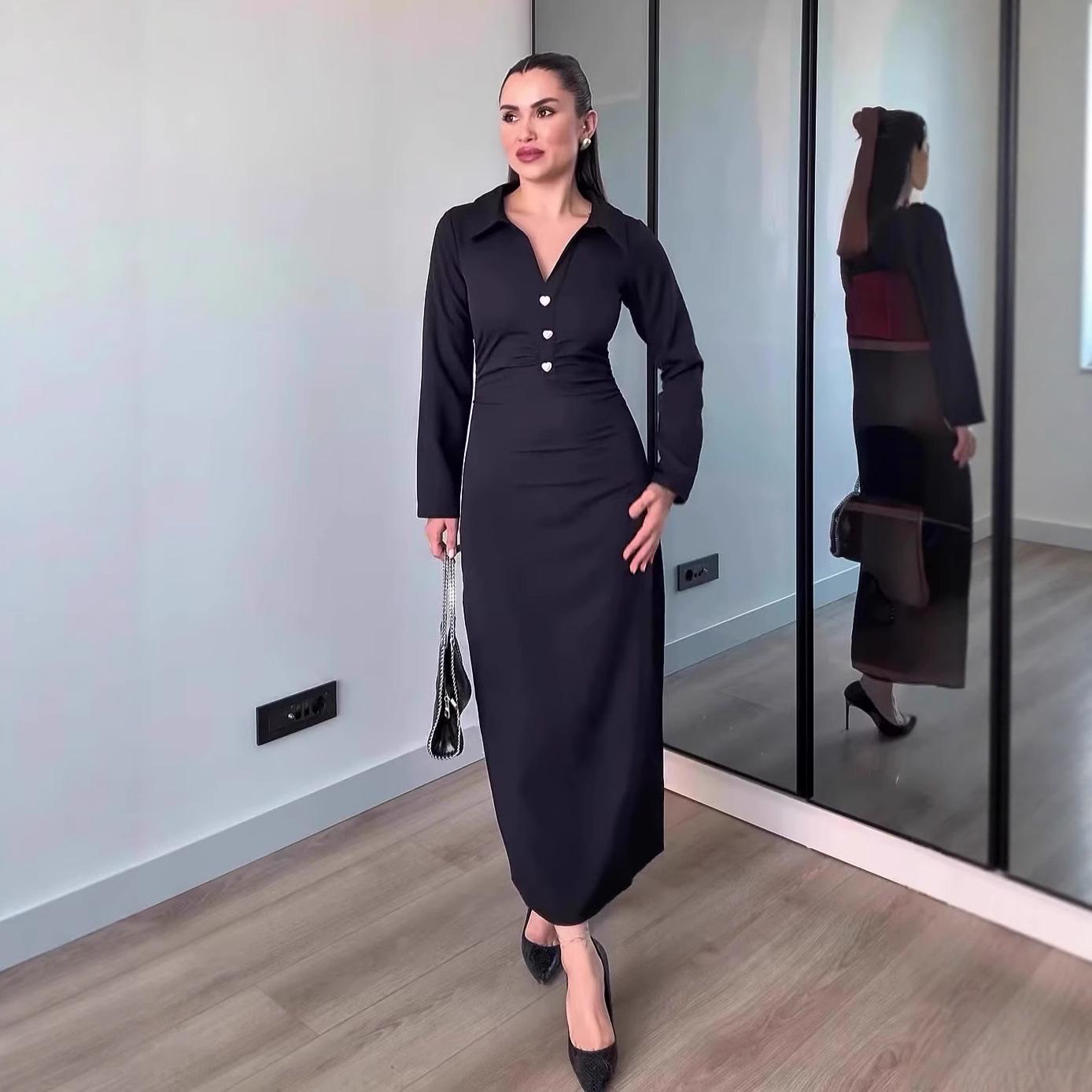 

Осеннее черное облегающее длинное платье с лацканами 2025 года - Европейский и американский стиль, подчеркивающее талию, Элегантная женская одежда XXL чёрный