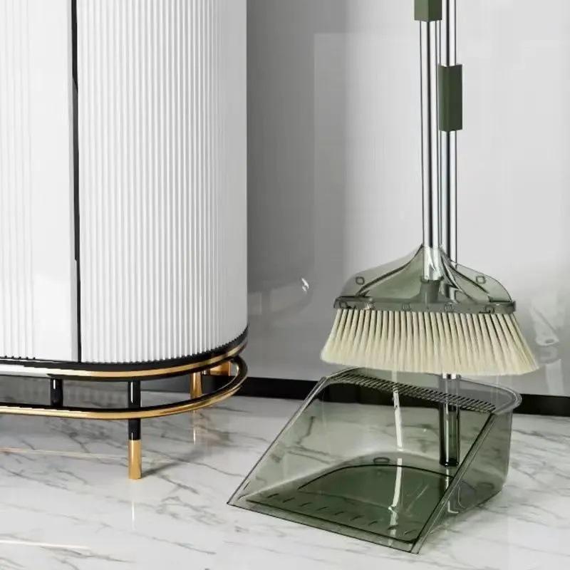 Two-Piece Transparent Plastic Broom and Dustpan Set with Non-Stick Soft Bristles