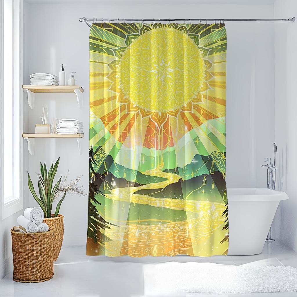 Sunshine & Harmony Digital Print Shower Curtain – Vibrant Sun, Earth & Nature Design, Reversible  for All-Season Home Decor