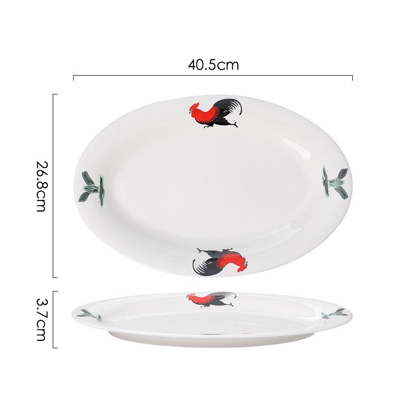 Ceramic Retro Rooster Oval Fish Serving Plate for Microwave & Hotel Use