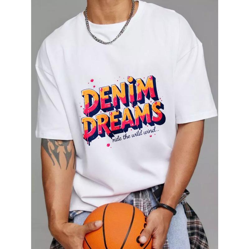 Denim Dreams White T Shirt with Colorful Graffiti Print and Ride The Wild Wind Slogan for Casual Streetwear Fashion