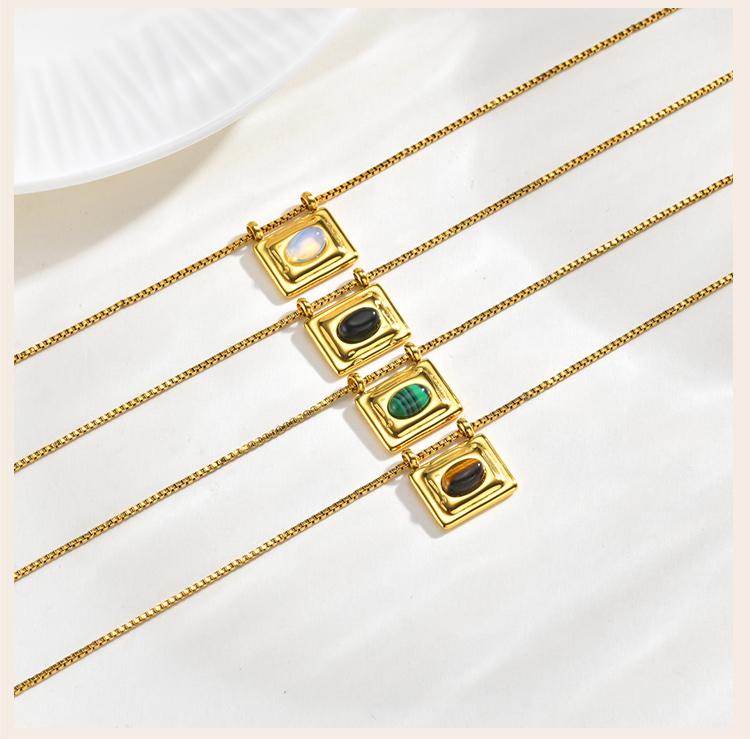 Square Pendant Necklace Stainless Steel Natural Stone Inlay Box Chain for Women Vintage Healing Jewelry Waterproof