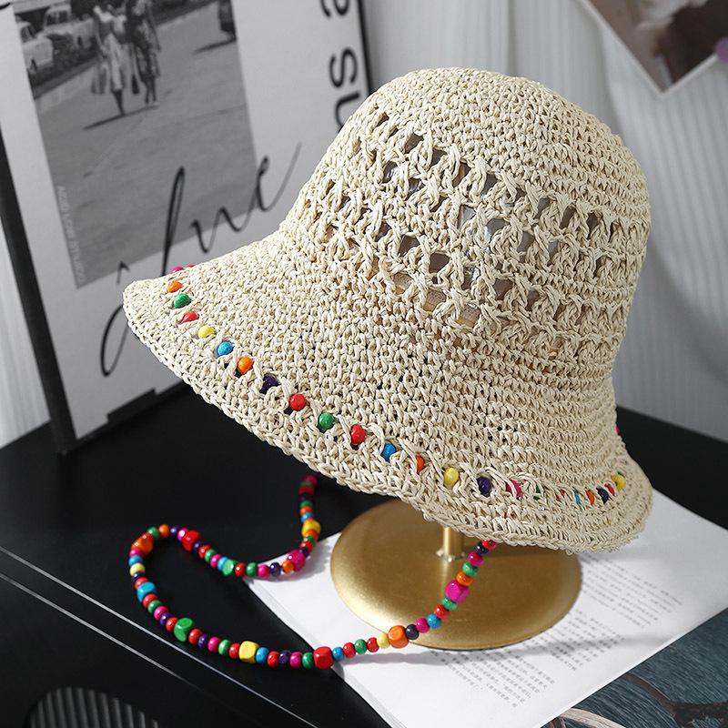 Straw Hat Dongdaemun New Handmade Crochet Straw Hollow Bead Bucket Hat Women's Big Head Circumference Sunshade Straw Hat