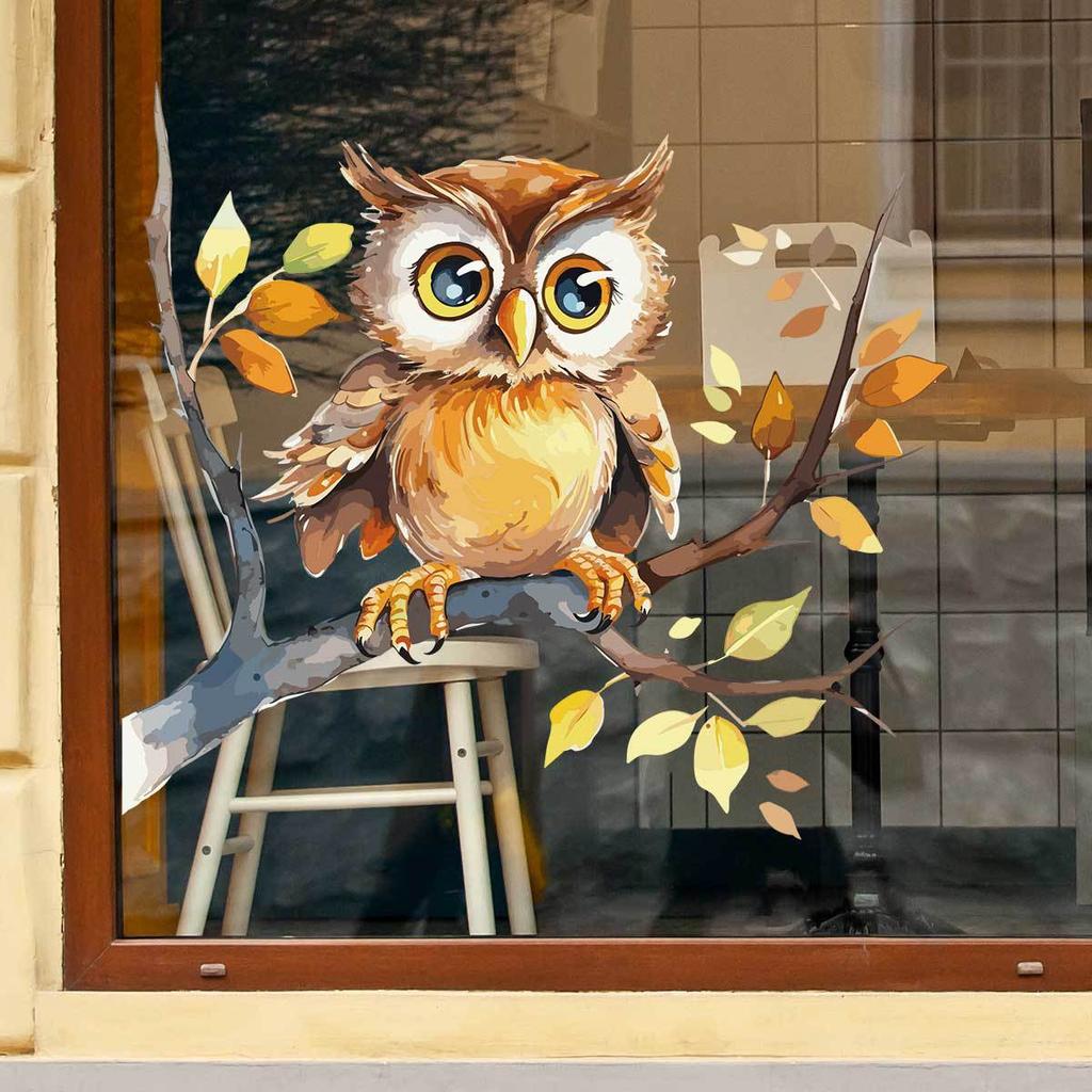 Cute Cartoon Owl On Branch Window Stickers, Double-Sided Visible Glass Door Decals for Home Decoration