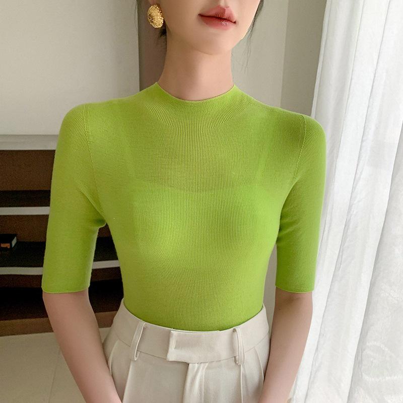 Women's Slim Fit Short Sleeve Fine Knit Wool Sweater - 100% Wool Half-High Neck for Spring/Summer