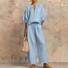 Summer New Women's Imported Casual Loose Solid Color Zippered Crew Neck Wide Leg Pants Set for Women