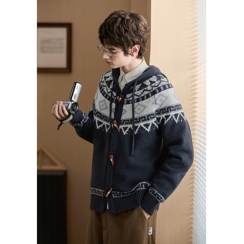 

Мужской кардиган свитер с капюшоном и узором «Фэр-айл» TonLion 2025 Осень/Зима L