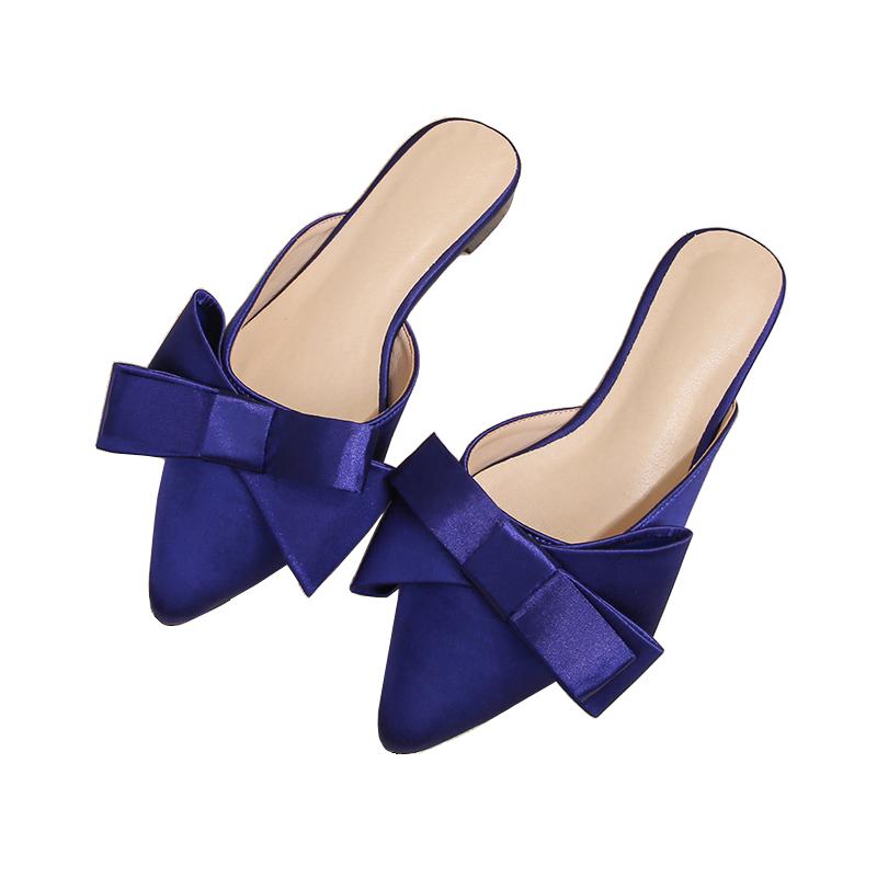 Fashion Silk Pointed Toe Flat Slippers Women's Outer Wear Summer Net Red All-match Fashion Bow Baotou Sandals and Slippers