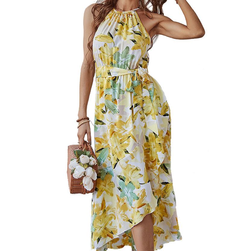 

European and American fashion printed halterneck boho style dresses are popular summer casual resort dresses S жёлтый