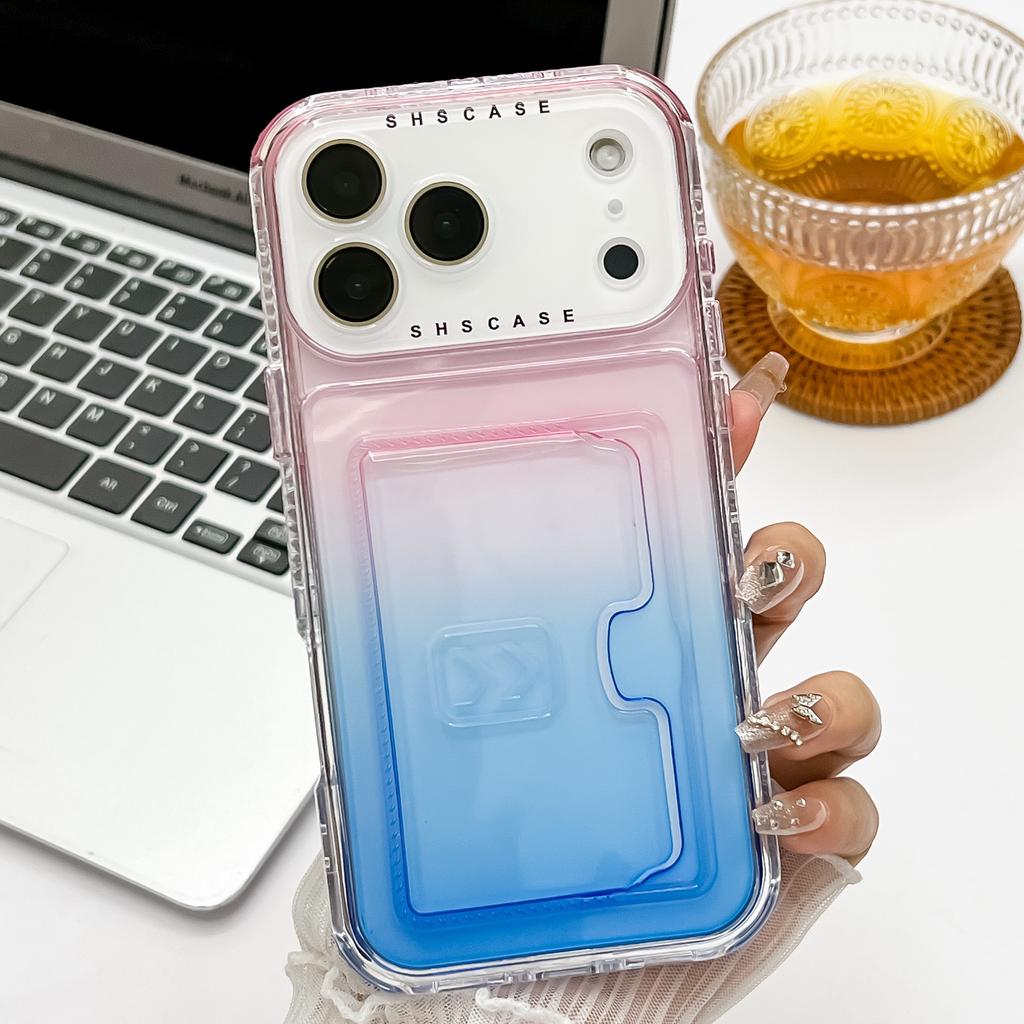 For iPhone 17 Pro Case Card Holder Gradient Color PC+TPU Anti Drop Phone Back Cover with Lens Film