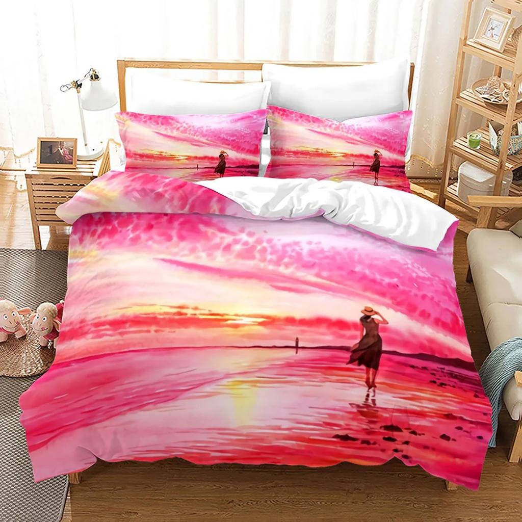Ocean Bed Linen Package King Dimension Colorful Beach Landscape Bed Cover In Oil Painting Style Famous Hawaii Coastal Polyester Fabric Quilt Cover