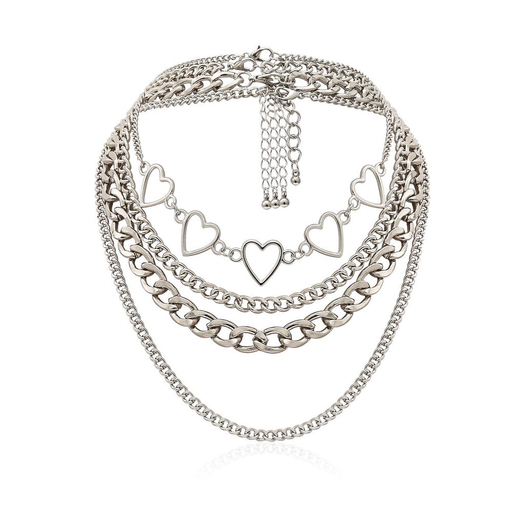 Hip-hop geometric set necklace, simple peach heart hollow multi-layer chain necklace for women