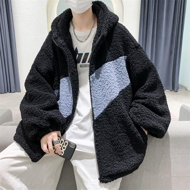 

2025 Men s Trendy Hooded Lambswool Patchwork Jacket - Winter High Street Hong Kong Style XXL сірий колір