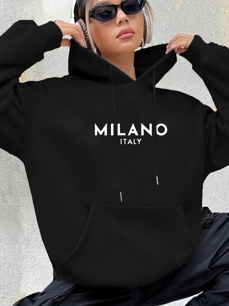 Milano Italy Polyester Hoodie for Women 100% Knit Fabric Alphabet Print Casual Long Sleeve Sweatshirt with Pocket