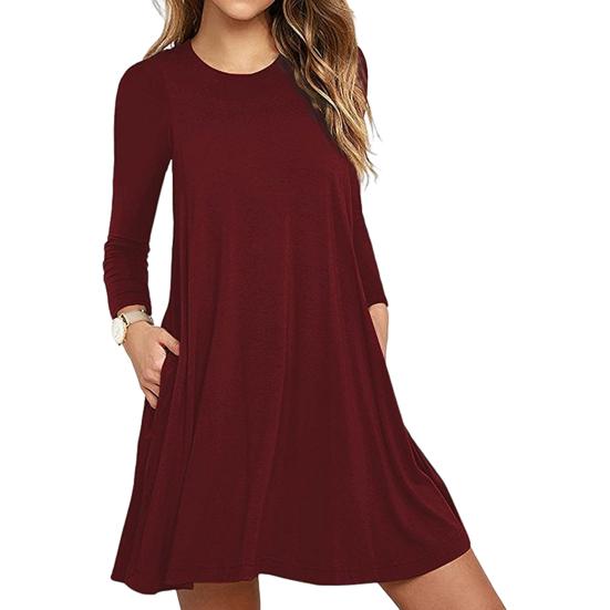 Herbst Frühling Kleid Rundhals A-Linie Taschen Locker Großer Saum Lange Ärmel Minikleid Reine Farbe Casual Dating Shopping Kurzes Kleid
