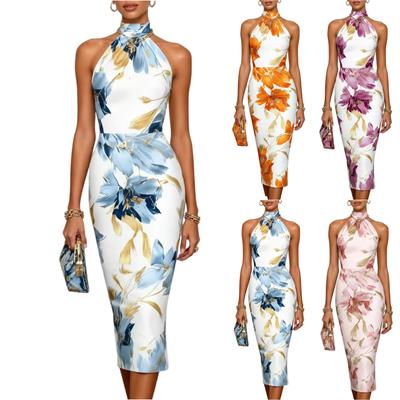 Damen Halter Neck Bodycon Kleid Blumendruck Ärmellos Slim Fit Midi Kleid Elegantes Design für Freizeit und Formelle Anlässe