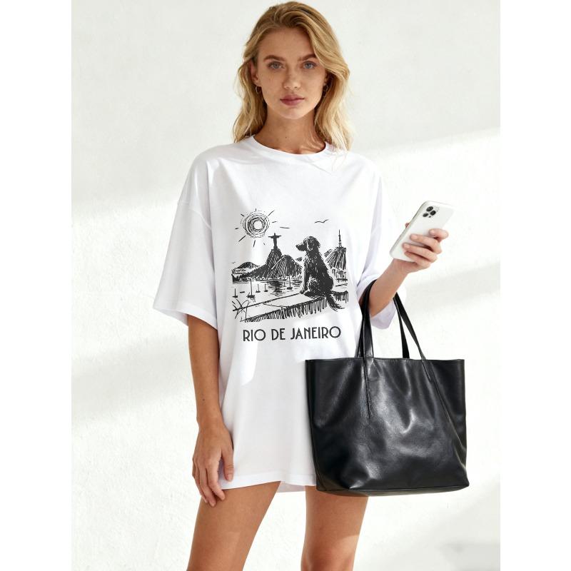 T-shirt Oversize Nera Scena Spiaggia Rio De Janeiro Con Cane E Cristo Redentore Stampa Casual Abbigliamento Estivo