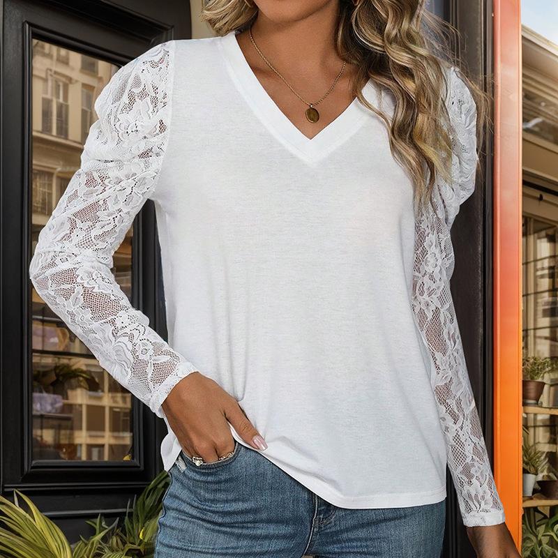 Women Spring Autumn Lace Splice Long Sleeve V Neck Pullover White T Shirt Blouse Top