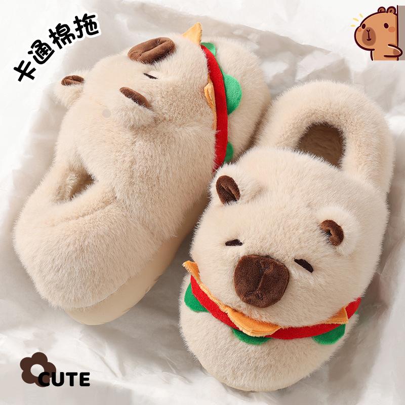 Cartoon hamburger cotton slippers women's autumn and winter plush warm thick-bottomed non-slip bag and plush slippers men
