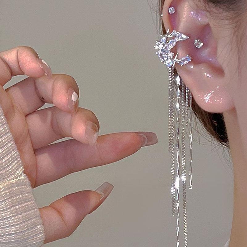 1Pc  Shiny Zircon Moon Star Long Tassel Ear Clip No Piercing Earring Trendy Female Ear Cuff Party Jewelry