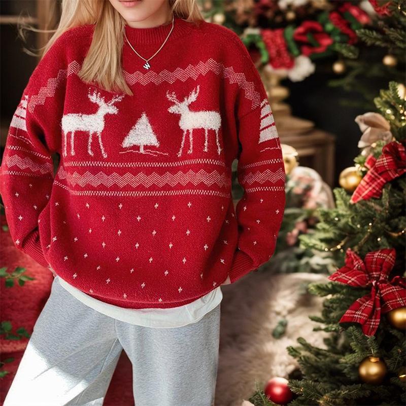 Autumn and Winter Women's Red Christmas Sweater Slouchy Wind Loose Outer Fashion Temperament Top