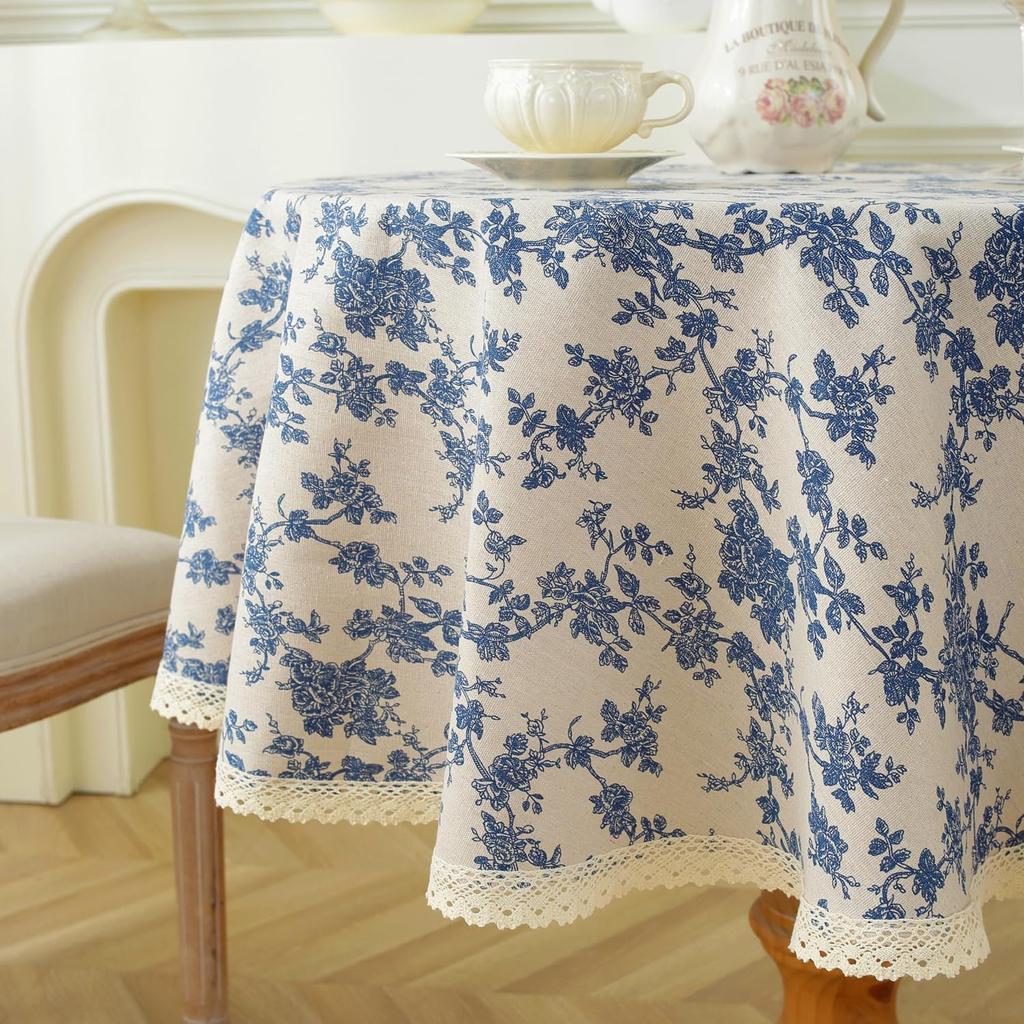 Rustic Flower Print Round Table Cover Indoor Outdoor Vintage Tassel Blue Flower Farmhouse Table Cloth for Picnic Tabletop Decor